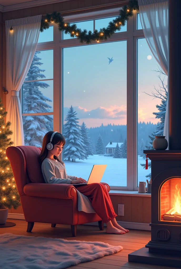 An interior view of a cozy living room with large windows showcasing a snowy landscape outside. A beautiful lofi anime girl sitting on a chair with laptop and headphones, next to a crackling fireplace. The room is decorated with holiday lights and warm blankets. The colors are soft whites, warm reds, and greens. A anime lofi girl seeting in a table with laptop