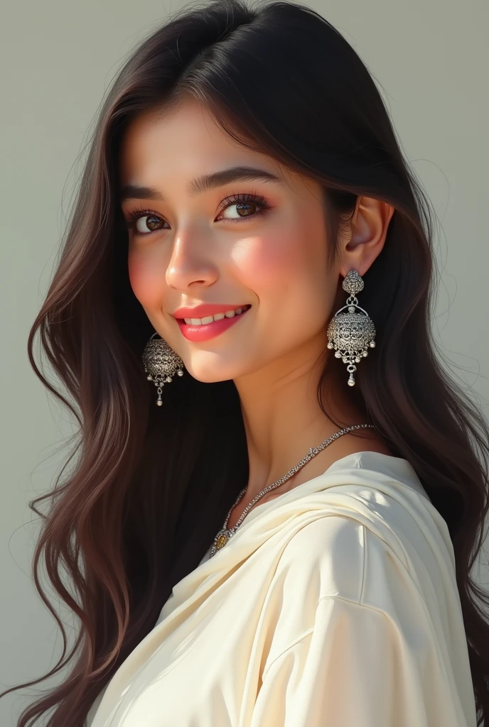 A  girl wearing a white kurta and got some very beautiful dilver colour big earings and a long and silky hair with a bery beautiful face!!! The girl is smilling and is white skin tone