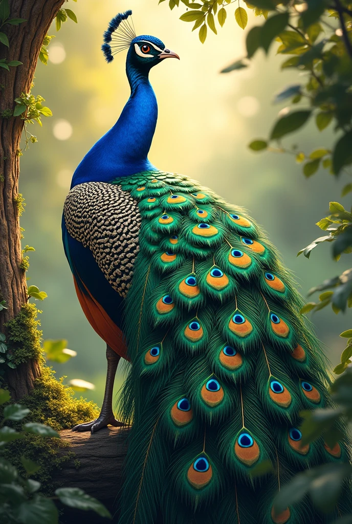 Create an image of a beautiful peacock with its vibrant and colorful plumage fully displayed. The peacock's feathers should showcase a stunning array of iridescent blues, greens, and golds, with intricate eye patterns on each feather. The bird should be in a natural setting, such as a lush garden or a serene landscape, with sunlight highlighting the dazzling colors of its feathers.