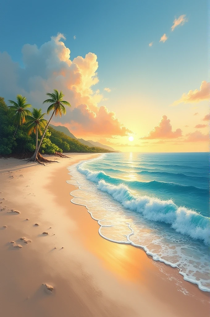 Recreate a beach landscape but make it look like a painting, like a work of art, that does not have animals or people