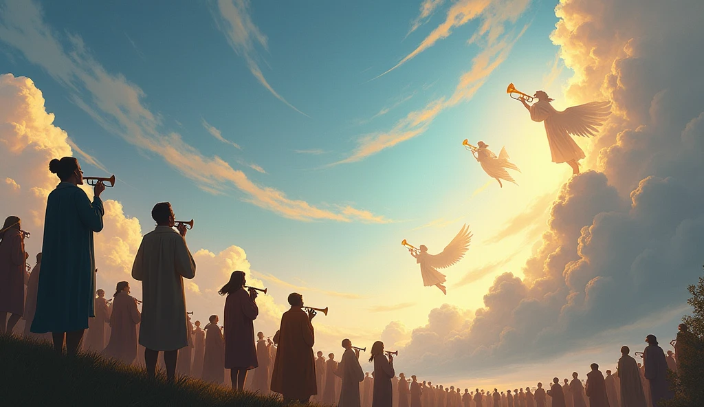people looking at the clouds that are full of angels playing trumpets