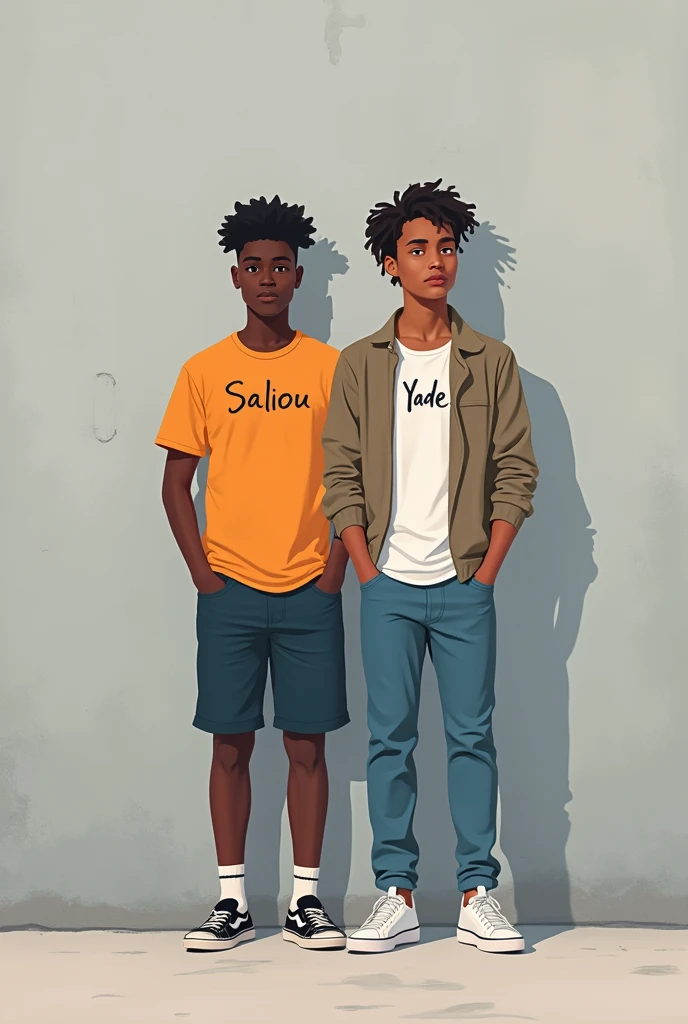 Illustration pour profil de wats app deux adolescents portent des habits vers ´l’un écrit saliou l’autre Yade sur leur habits avec un mur gris derrière écrit les frères 