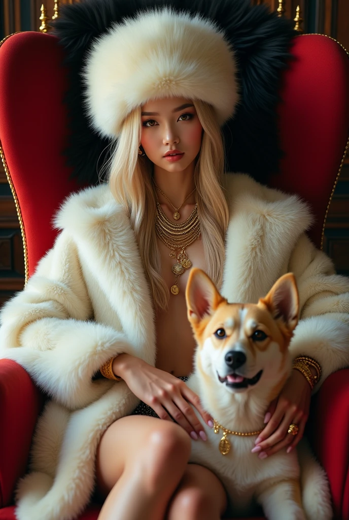 HD, high quality, sexy cute woman, asian, young, korean student,ars old, super young and rich, face of young kid, realistic, real,8k, clean, teenager woman with blonde gorgeouslong hair,little curved hair, pale skin, her face is also very beautiful and looks mature. sexy, She has a fit body. black thick fur coat under her leg, sitting on the huge black fur cushion, wearing huge white fur coat, real fur, fur HD, fluffy fur, big mink fur hat, fur coat covering all the body, wearing big fur hat, sitting on golden throne on the fur mug, wearing brown thick fluffy fur brassiere, red velvet throne, 6 gold necklaces, princess handsome, petting dog, dog has gold necklace, cat with gold, gorgeous face, she has slim body, wearing huge white fur coat, many jewelry, alots of gold jewelry, every finger has golden rings, 10 golden huge giant rings, her sexy leg , she wearing fur slippers, holding a lead,holding dog leash, super huge titties, big hips, brown fluffy fur brassiere, brassiere with fur, black thick fur cushion under her leg