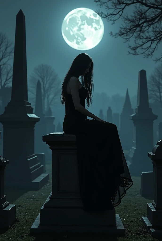Western woman dressed in black sitting on catatunba in cemetery at night