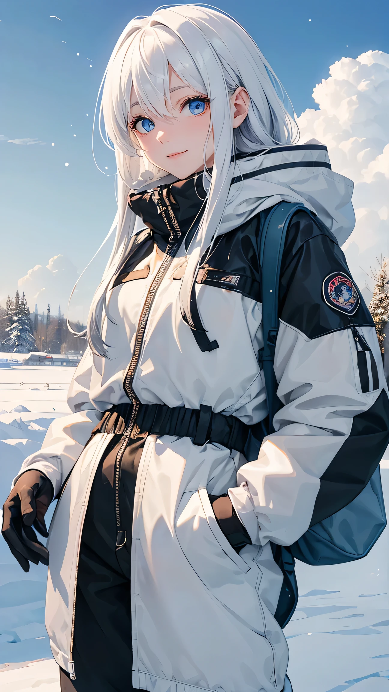 The Human Body of Winter, Winter Girl has dyed her hair white., (Brown zip jacket), (glove), (Baggy pants), blue eyes, snow day, Snow particles, cloud, happy expression, She was stroking the head of a fluffy white dog in the snow. ,perfect hand, Beautiful hands