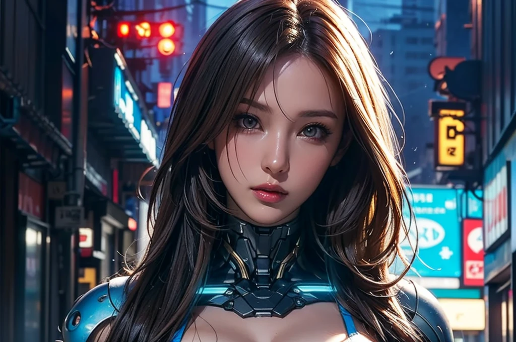 Best Illustrations, Woman covered in complex white cybernetics, Blue LED light, Combat Uniform, Cleavage, high tech, Ultra-high resolution, 32K, (Bikini Cyborg Robot Parts), (detailed:1.4), Cyberpunk City Background, Rainy Street, Beautiful Face, Long golden hair, Professional Lighting, masterpiece, Very delicate and beautiful, Professional photos