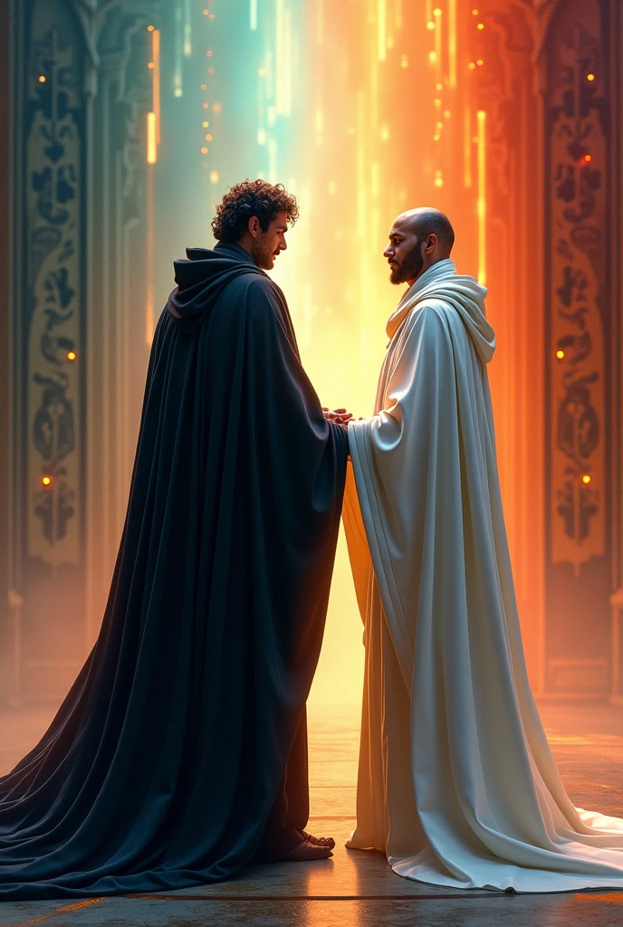 Man in black robe facing back to man in white robe, colorful background.