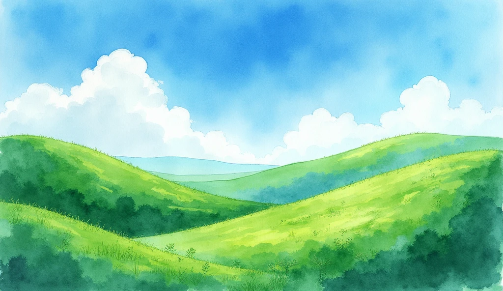 rustic watercolor paint about green hills with blue sky 
