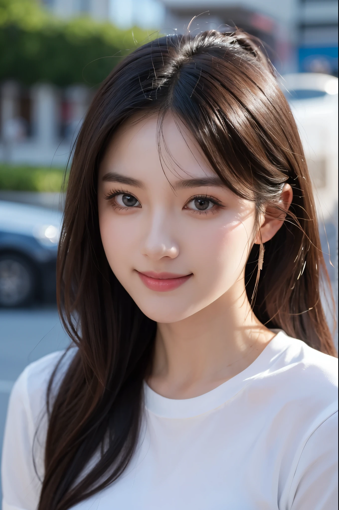 masterpiece, Highest quality, 8k, disorganized person, (Upper Body:1.4), White shirt, Beautiful girl, Beautiful face, Looking at the audience, smile, Ultra-realistic, High resolution, picture, The focus was clear, High resolution, Face Light, Dynamic Lighting, Cinema Lighting, Professional Shadow, Beautiful cityscape background, Best details, Very detailed, Super detailed, Finely detailed, Real Skin, Delicate facial features, Detailed face and eyes, Sharp pupils、Realistic students