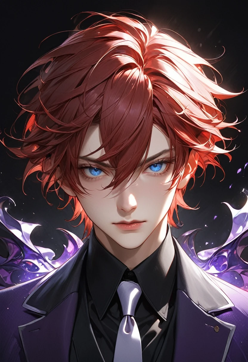 The image is a highly detailed, ultrarealistic manga-style portrait of a androgynous young man with an malicious and enigmatic appearance. He has shoulder-length, wavy, and smooth red hair that frames his face with an almost malificent look. His striking blue eyes are sharp and captivating, adding to his mysterious aura. He is dressed in a formal attire that features subtle yet elegant detailing, now rendered in a rich tone of purple with gentle hues and shadows that enhance the depth of the fabric. The suit is complemented by a neutral-colored tie that blends seamlessly with the overall ensemble. The background is dark, providing a stark contrast that draws attention to the young man and accentuates the dramatic lighting, which carefully illuminates the contours of his face and attire. The overall composition combines the meticulous detail typical of ultrarealism with the stylistic flair of comic book, resulting in a captivating and visually striking portrait. fashion phot