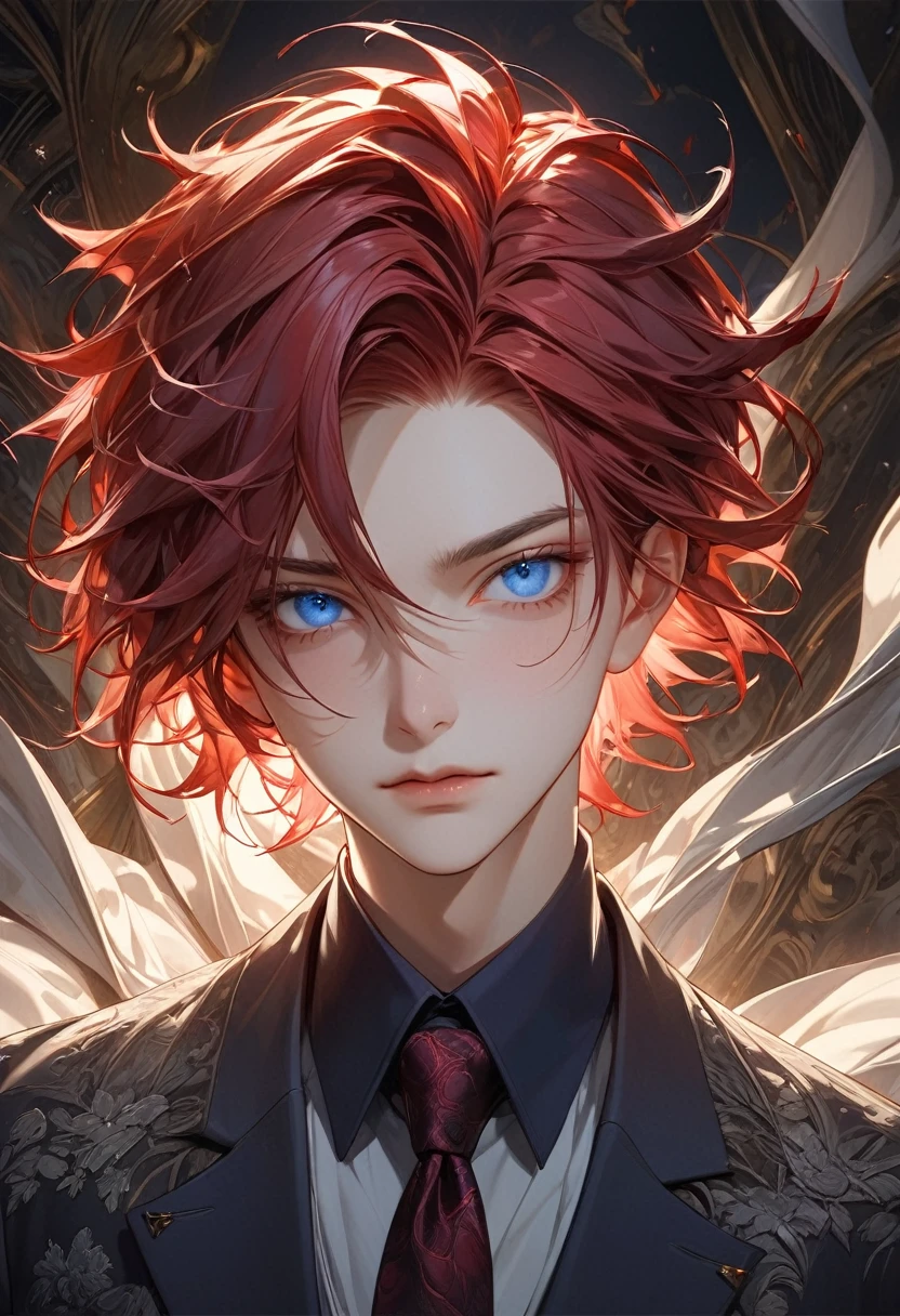 The image is a highly detailed, ultrarealistic manga-style portrait of a androgynous young man with an malicious and enigmatic appearance. He has shoulder-length, wavy, and smooth red hair that frames his face with an almost malificent look. His striking blue eyes are sharp and captivating, adding to his mysterious aura. He is dressed in a formal attire that features subtle yet elegant detailing, now rendered in a rich tone of purple with gentle hues and shadows that enhance the depth of the fabric. The suit is complemented by a neutral-colored tie that blends seamlessly with the overall ensemble. The background is dark, providing a stark contrast that draws attention to the young man and accentuates the dramatic lighting, which carefully illuminates the contours of his face and attire. The overall composition combines the meticulous detail typical of ultrarealism with the stylistic flair of comic book, resulting in a captivating and visually striking portrait. fashion phot