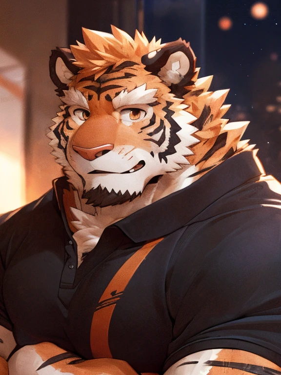 human nature, Wildlife, male,1,,muscular body,solitary, ((Round Face, The face is plump,Orange eyes,Thick orange hair,With scars)), ((Endomorph, Handsome,Hot Blood)), (Sportswear,Clothes Damaged), ((domestic tiger, tiger,) Fluffy fur, Fluffy), Bokeh, (high quality, high resolution, masterpiece), (Dynamic Lighting, Vibrant colors), (Revitalize,Injuried,Disdain), Full body picture (close up), cartoon, author:Takemoto Arashi, From zixiong, By Chunni, author:Empty Ghost,(background:fancy apartment room at night), 15'0 tall,smirk