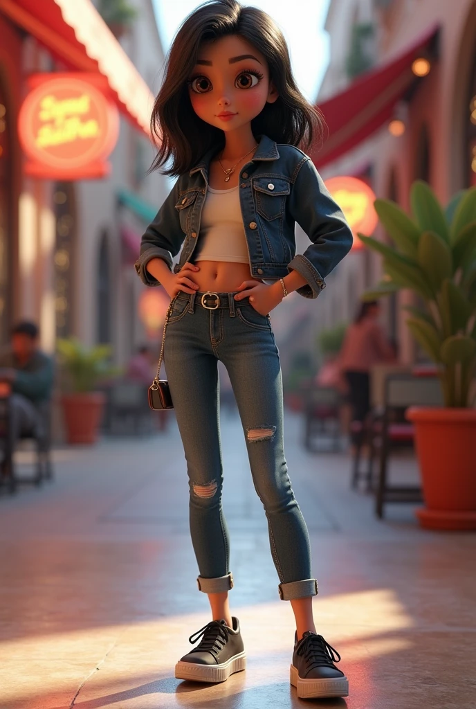 3D character from Disney animation, Pixar style, full body, smiling, brown eyes with beautiful eyelashes, the glamorous one, shoulder-length straight black hair, denim clothes, jacket, black tennis shoes, clean bottom. cinematic lighting, ray tracing, high details, 3D rendering with hands on waist and holding an iPhone