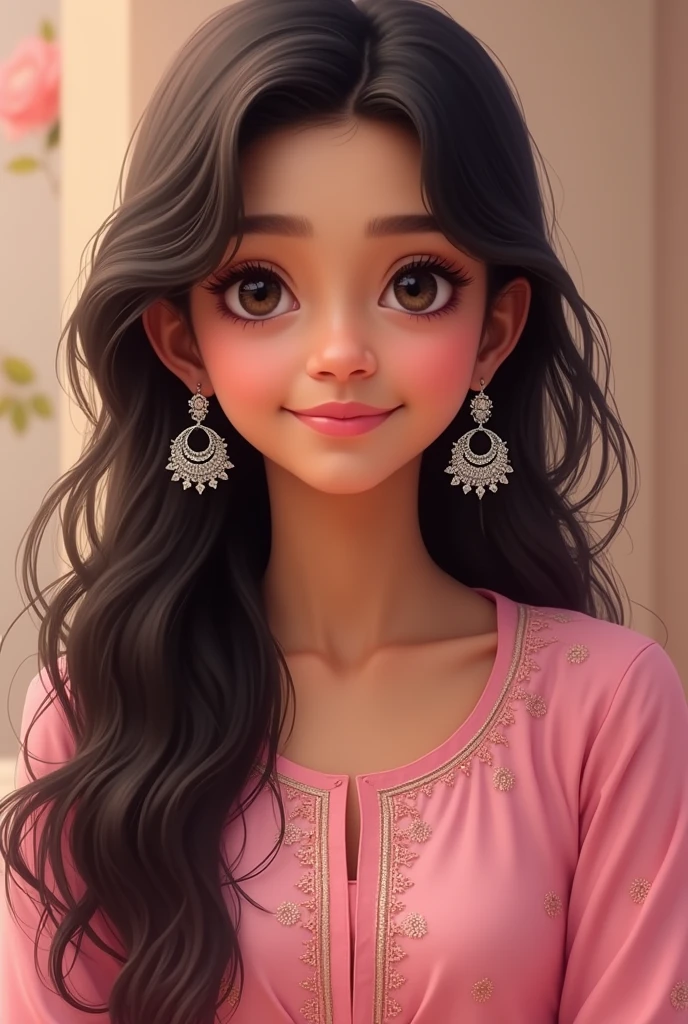 A girl wearing a pink kurta and got some very beautiful dilver colour big earings and a long and silky hair with a bery beautiful face!!! The girl is smilling and is white skin tone