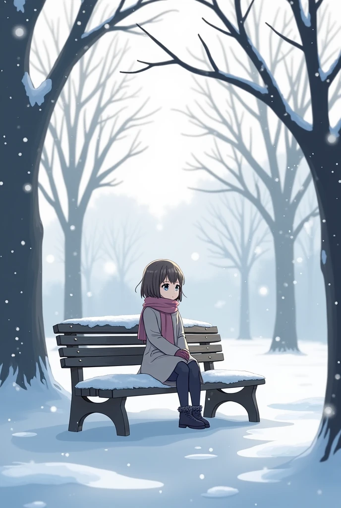 An anime girl sit on a bench in the snowy day