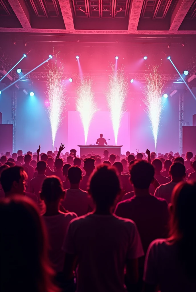 Dj night best resolution photo with people dancing dj night and no face of people is visible fire crackers, grand 