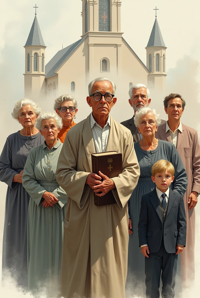 (abstract ,easy water color, landscape) , a old men with circle glasses holding a bible,
(three young american pastors their hair is blonde their ag is in their 30 years old) , FIVE (5) old western women their age is 60 years old in a dress ( the ladies have short white hair in a 20s style) , (one ) in a formal suite, (facial expression solemn and brave), Christian Church at background, this art is about honoring them.