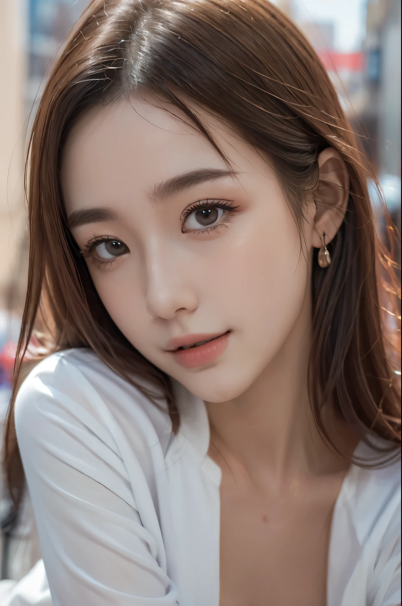 masterpiece, Highest quality, 8k, disorganized person, (Upper Body:1.4), White shirt, Beautiful girl, Beautiful face, Looking at the audience, smile, Ultra-realistic, High resolution, picture, The focus was clear, High resolution, Face Light, Dynamic Lighting, Cinema Lighting, Professional Shadow, Beautiful cityscape background, Best details, Very detailed, Super detailed, Finely detailed, Real Skin, Delicate facial features, Detailed face and eyes, Sharp pupils、Realistic students