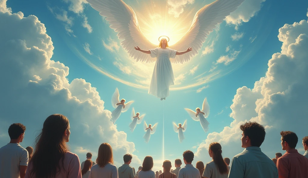 people looking at the clouds that are full of angels playing trumpets