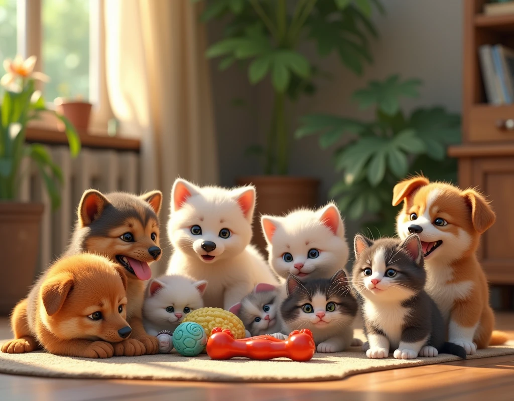 A group of various dogs playing with dog toys, happy expressions, diverse fur colors, (best quality,4k,8k,highres,masterpiece:1.2),ultra-detailed,(realistic,photorealistic,photo-realistic:1.37),cute kittens,feline,fluffy,soft fur,adorable,playful,curious,multi-colored,tabby,calico,persian,siamese,maine coon,vibrant colors,warm lighting,natural setting,cozy atmosphere