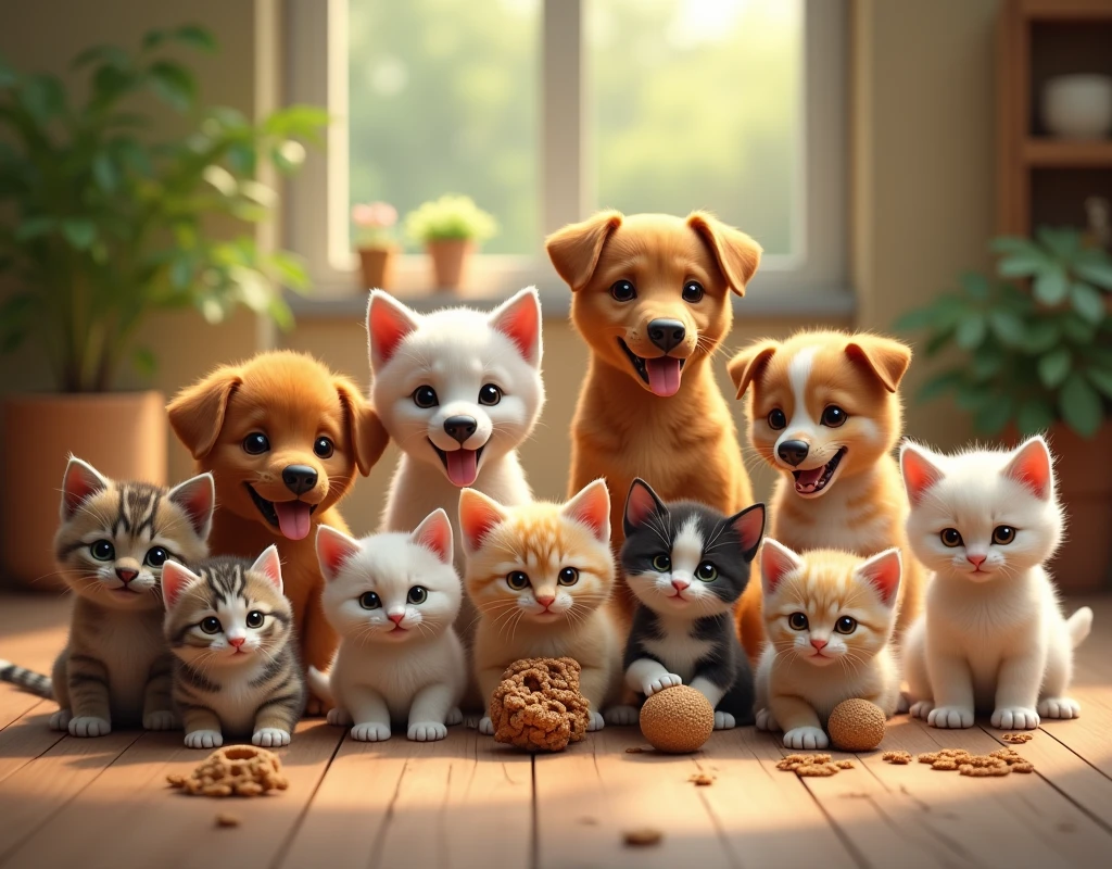 A group of various dogs playing with dog toys, happy expressions, diverse fur colors, (best quality,4k,8k,highres,masterpiece:1.2),ultra-detailed,(realistic,photorealistic,photo-realistic:1.37),cute kittens,feline,fluffy,soft fur,adorable,playful,curious,multi-colored,tabby,calico,persian,siamese,maine coon,vibrant colors,warm lighting,natural setting,cozy atmosphere