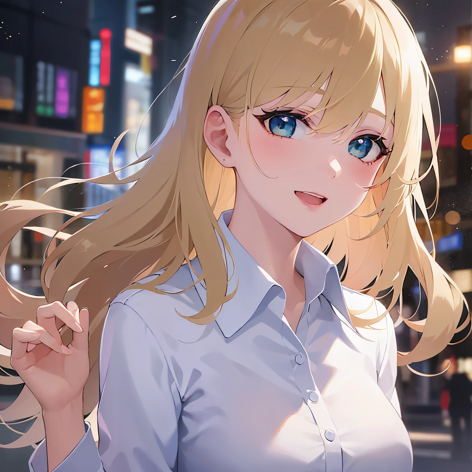 waving hand, Biologically correct five fingers、Upper Body, Realistic, real person, (pale skin: 1.2), RAW photo, photorealistic, shiny skin, shiny hair、(A 2 woman with medium-length hair and bangs) and (wavy hair) and (Blonde Hair) and (green eyes) , (business suit:1.5) and (white collared shirt) 、smile, open mouth, The background is a shopping street at night、Alone、Are standing