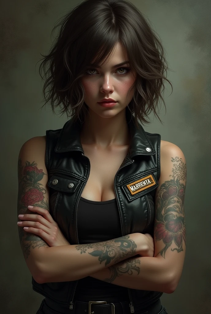 Create an image of a woman 2 short hair to the shoulder wavy,Caucasian skin,brown dark eyes,biker style biker with biker vest,and a stripe saying marrenta on the side,nose a little wide,breasts small,closed vest,with a sullen face and crossed shoulders