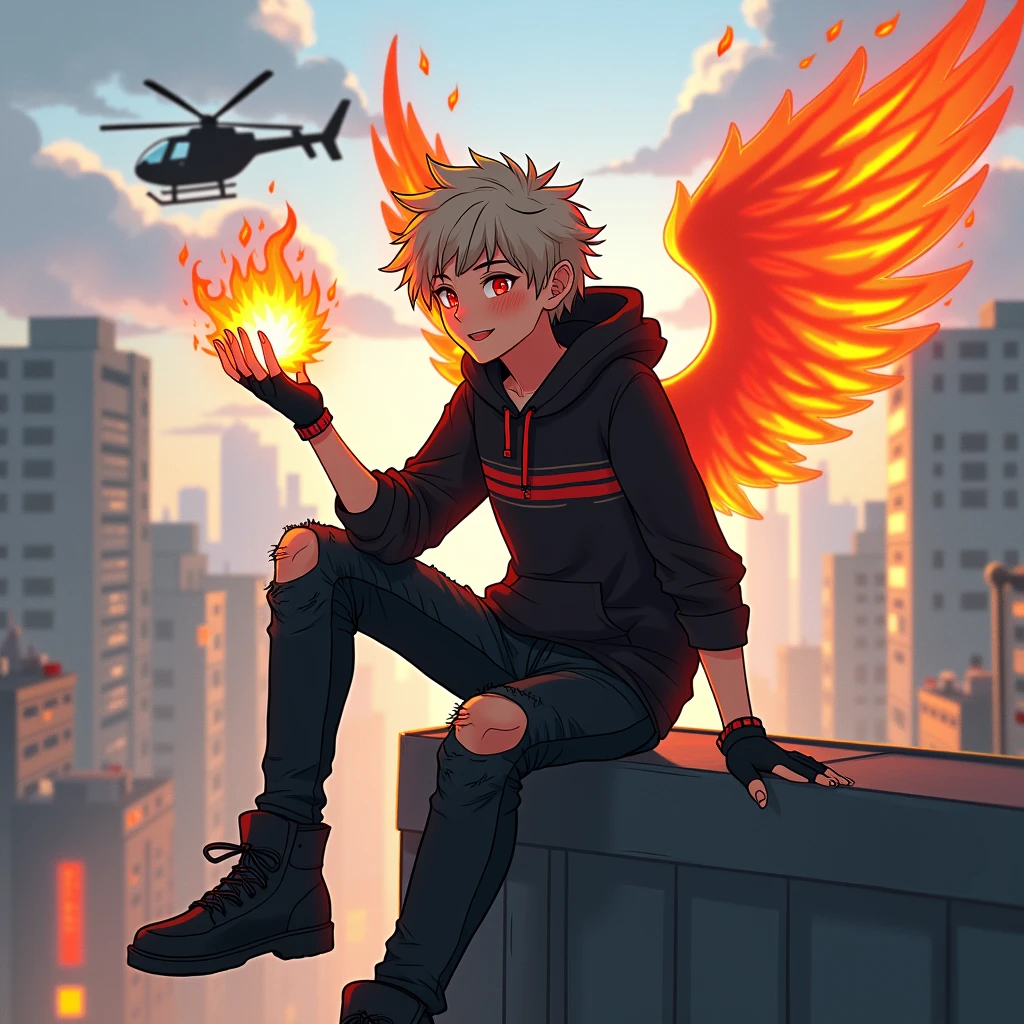 ((Hair: Grayish blonde, short-curly styled)), ((Appearance: Fair-Skinned boy, around 160cm's height, lean)), ((Eyes: Bright Scarlet-red)), ((Clothes: Black long-sleeved hoodie with red stripes)), ((Under clothes: Black ripped jeans and black boots)), ((Face: Cute, young teenager of 16 years-old)), ((Action: Sitting on top of a building with a fireball in his left arm)), ((Accessories: Black fingerless glove's)), ((Facial Expression: Teasing, cute, soft blush)), ((Building: Modern stiled)), ((Location: city, surrounded by police helicopters)), ((Behind: A pair of flaming wings)),