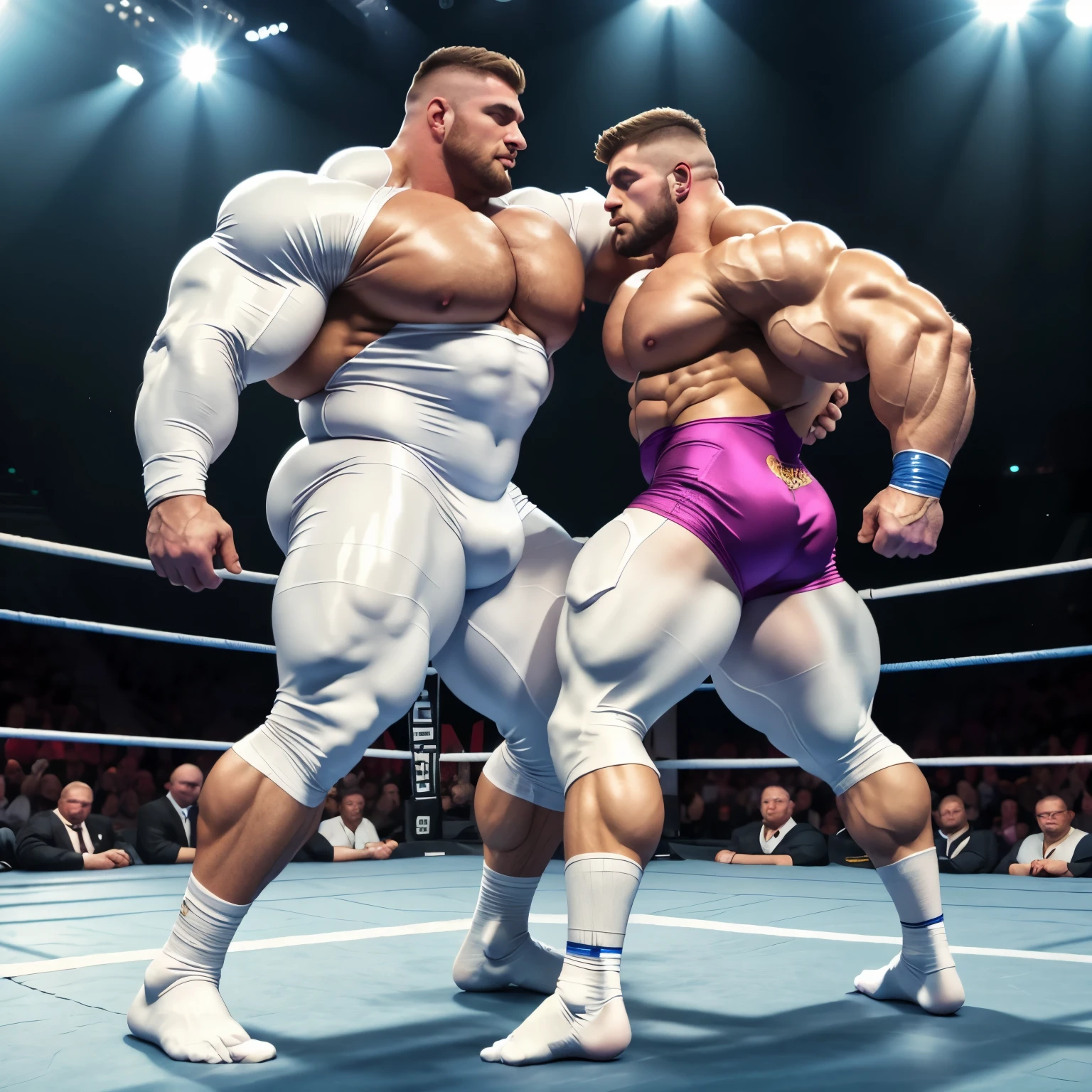 full view full body, Two different white very small but enlarged men, over-bodybuilded, over-inflated and over-muscled on steroids, stuffed like gorets, they are as wide as they are tall, blond with short undercut cuts, in shiny white latex skinsuits and white socks, fiercely wrestling in a wrestling ring in their white socks , no shoes There are spectators around