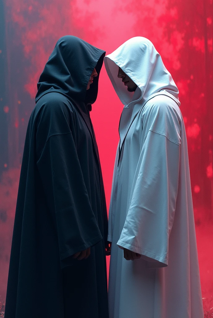 A man in a black robe covering his face turns his back to a man in a white robe covering his face. Bright colored background.