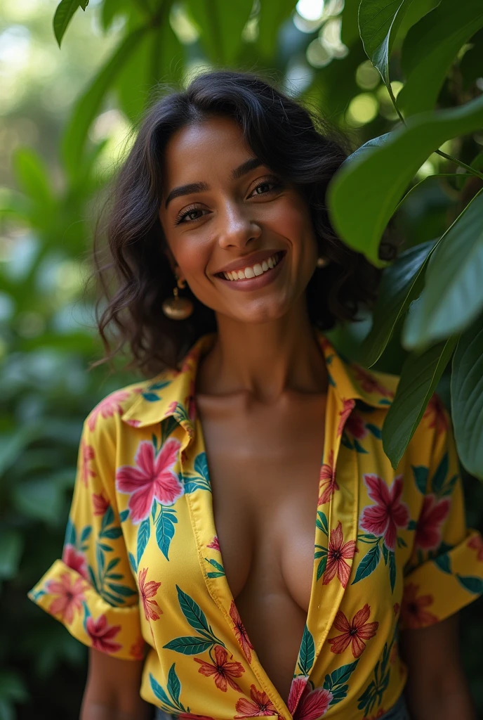 A Brazilian woman in a lush tropical garden, wearing an open shirt with a floral print, with a close-up capturing the harmonious beauty between her breasts and the natural flowers, showing off your natural charm and outgoing personality.