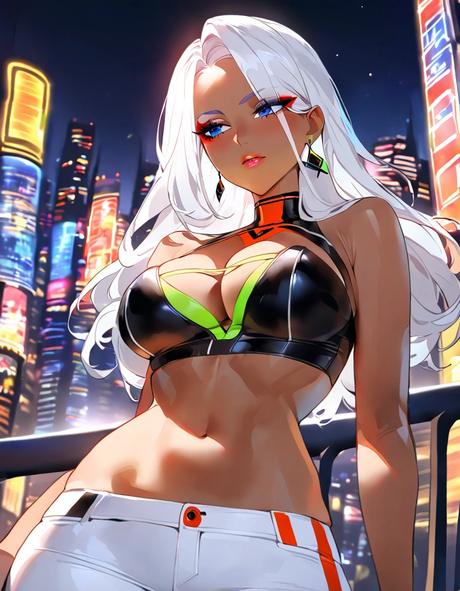 masterpiece, best quality, 1girl, solo, breasts, cleavage, long hair, blue eyes, looking forward, showy, colorful , kogal, fitted, earrings, midriff, (makeup:1.25), tan, dark skin, Высокое разрешение, Точность, Реалистичная анатомия, Высокая детализация, Длинные волосы, Закрытый рот, Приоткрытые губы, В профиль, city background, city lights, Задняя подсветка, Рендеринг 8K, eyes lined with black pencil, white hair
