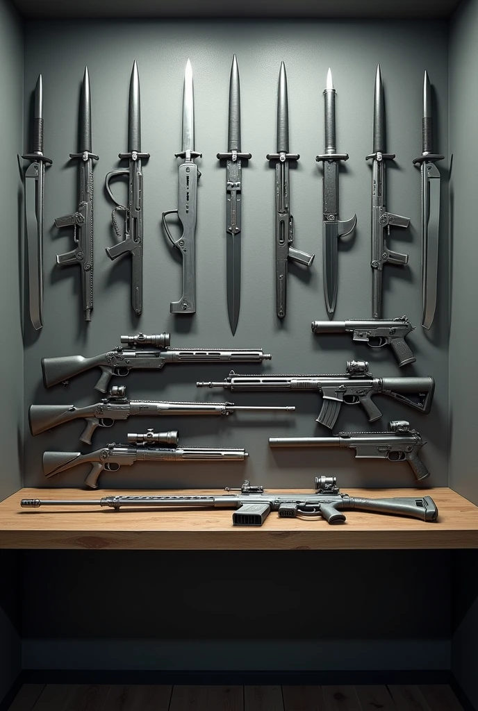 a wooden table attached to a wall with silver-colored guns of different sizes placed on it horizontally and vertically, and samurai knives hanging on the wall, all in a color palette of silver, grey, and black.