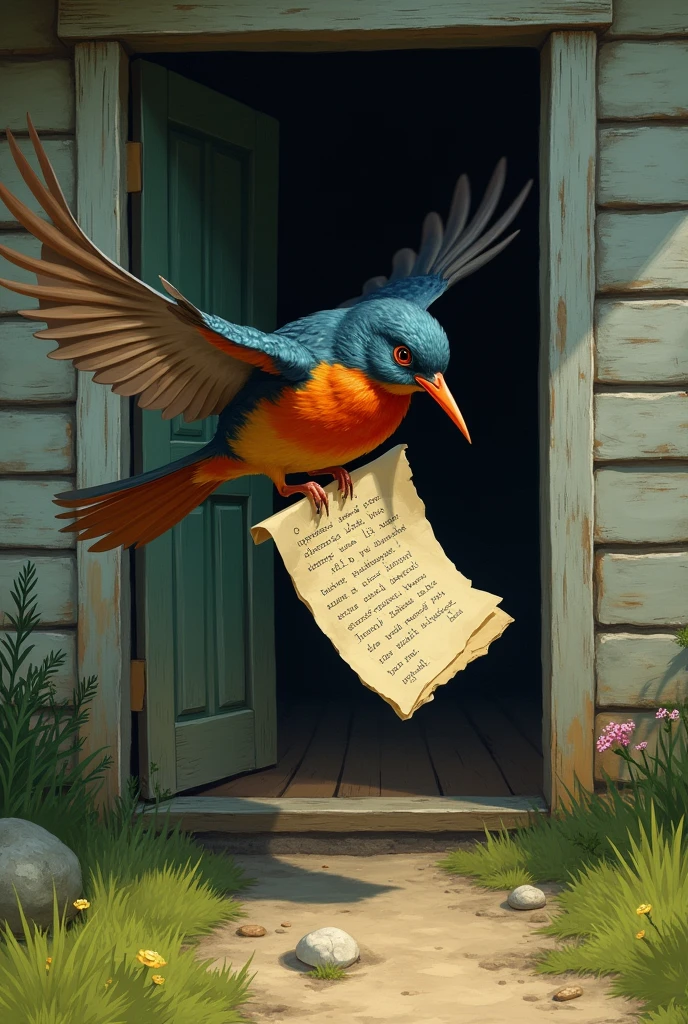 A bird flew out of a house carrying a writing in its beak.