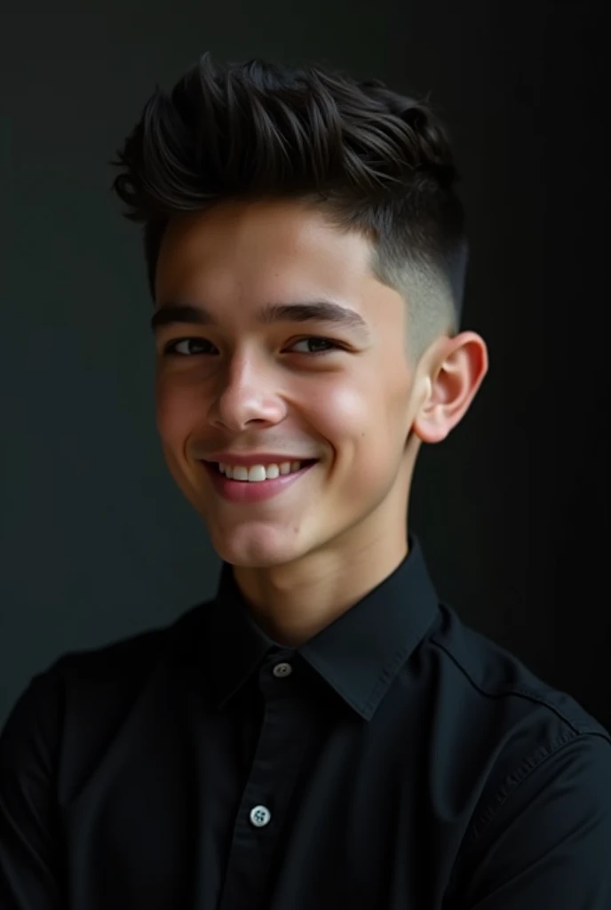 A photo of a 1 boy with dark hair and a confident smile. He is dressed in a black formal shirt and has a medium volume taper fade haircut. Dark colour background. Profile picture for Facebook. 8k ultra realistic