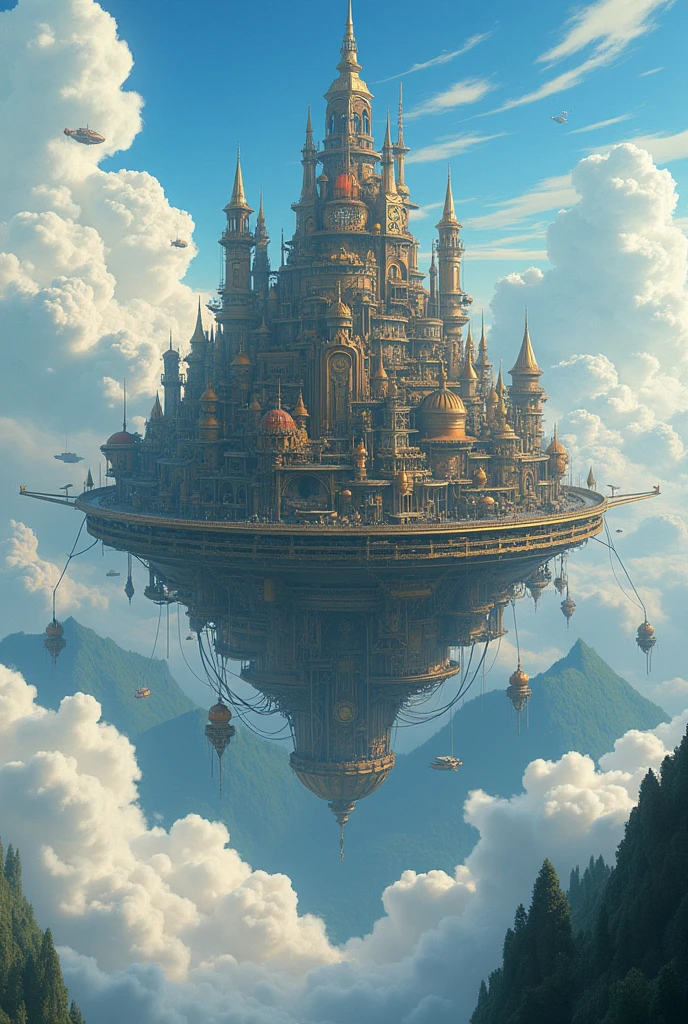 Super Detail, High Detail, high quality, 8K, Miyazaki style, A steampunk city floating in the air, Clouds and diverse architecture, Exuding a sense of mystery and technology--v 6