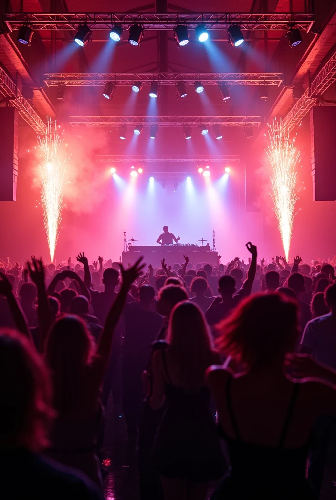 Dj night best resolution photo with people dancing dj night and no face of people is visible fire crackers, grand party