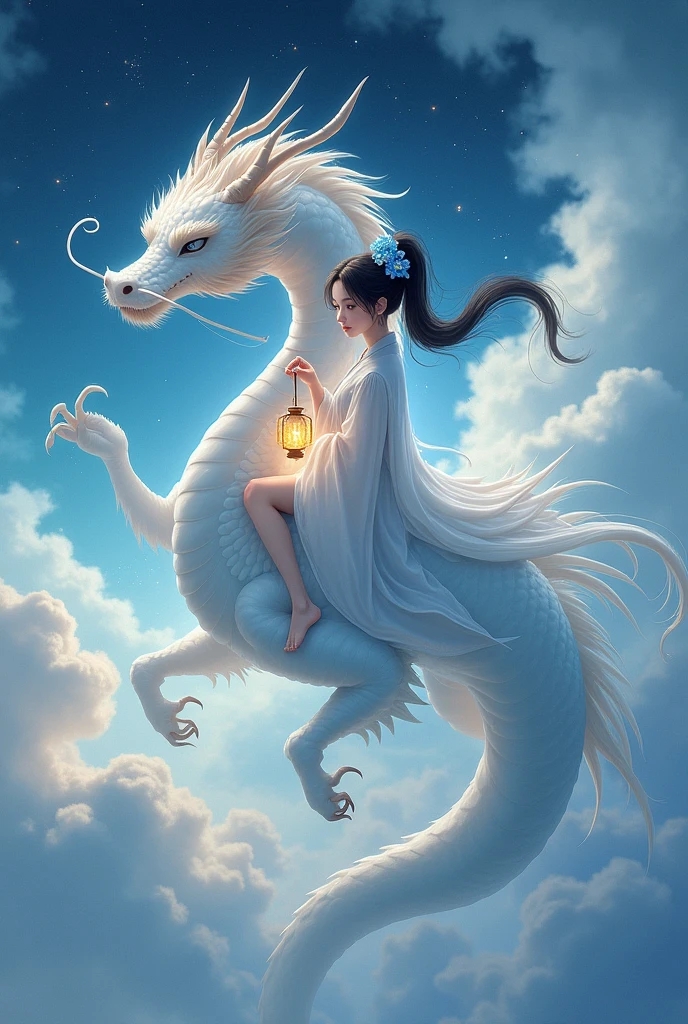 A with black ponytail hair wearing classic hair piece of blue flower riding white Chinese dragon on the sky full of cloudy stars while holding a lantern