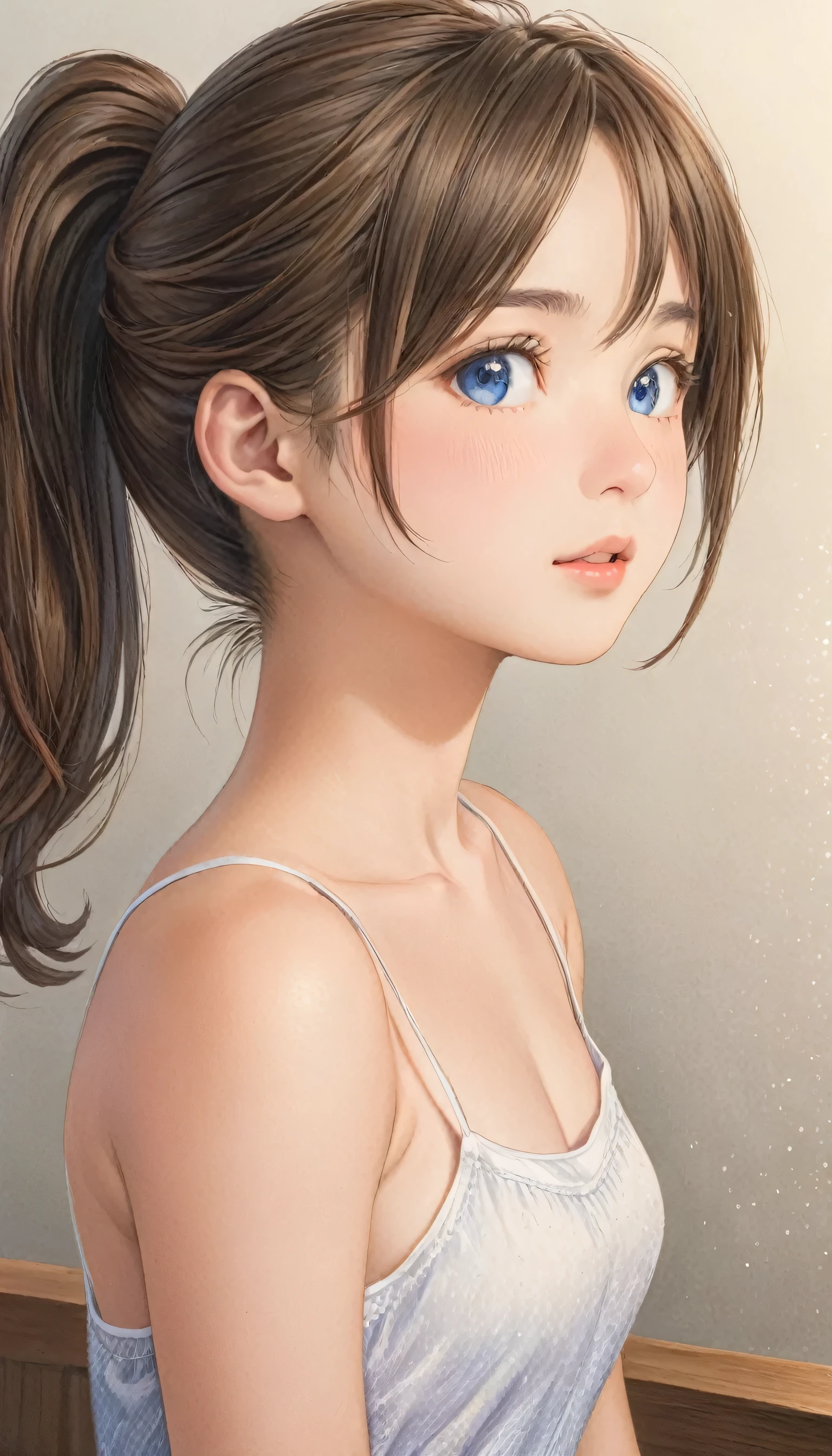 woman,Short camisole,white,Fine art color pencil drawing,draft ,(美しいの日本人woman), Cute Face, (Deeply chiseled face:0.7), (freckles:0.6), Soft Light,健康的なwhiteい肌, shy, ponytail, (Serious face), (Sparkling eyes), thin