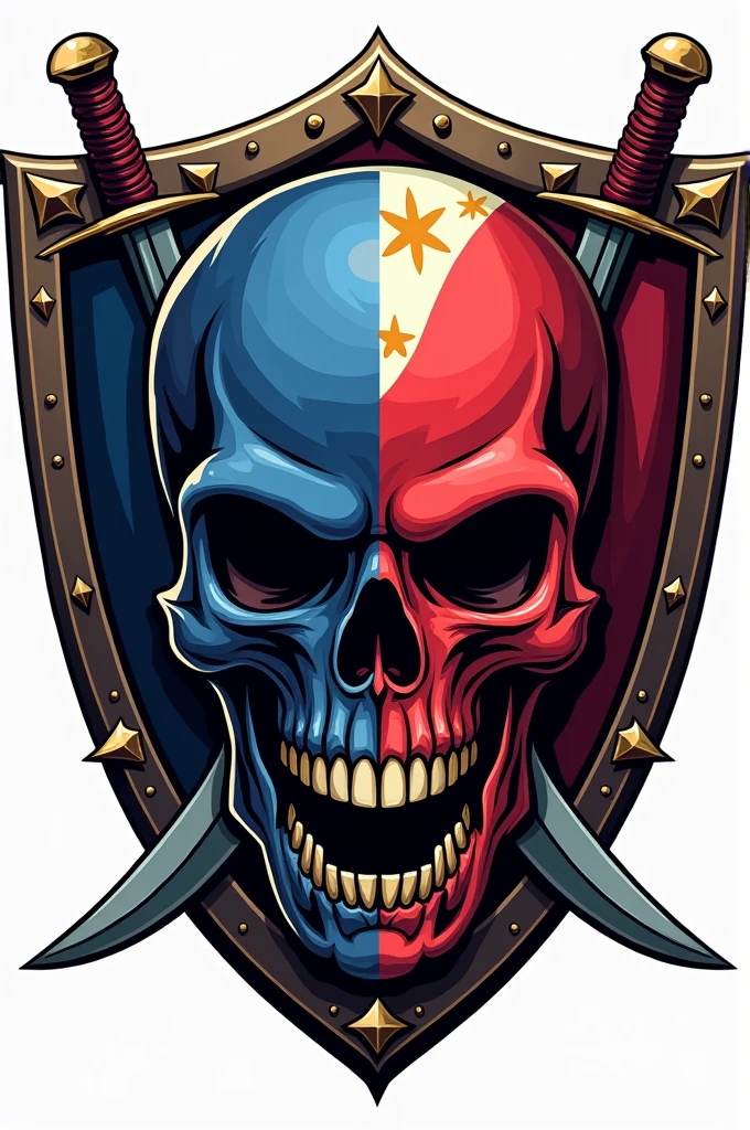 Shield emblem with skull deaign and philippine flag design with swords crossed on the back of the shield