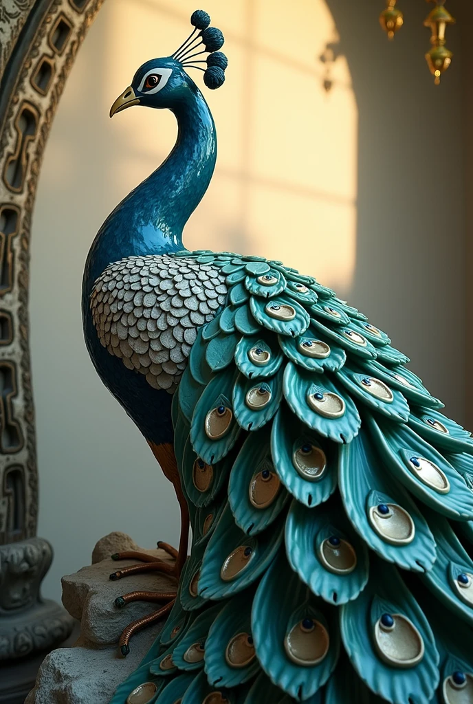 Peacock sculpture made from white porcelain。