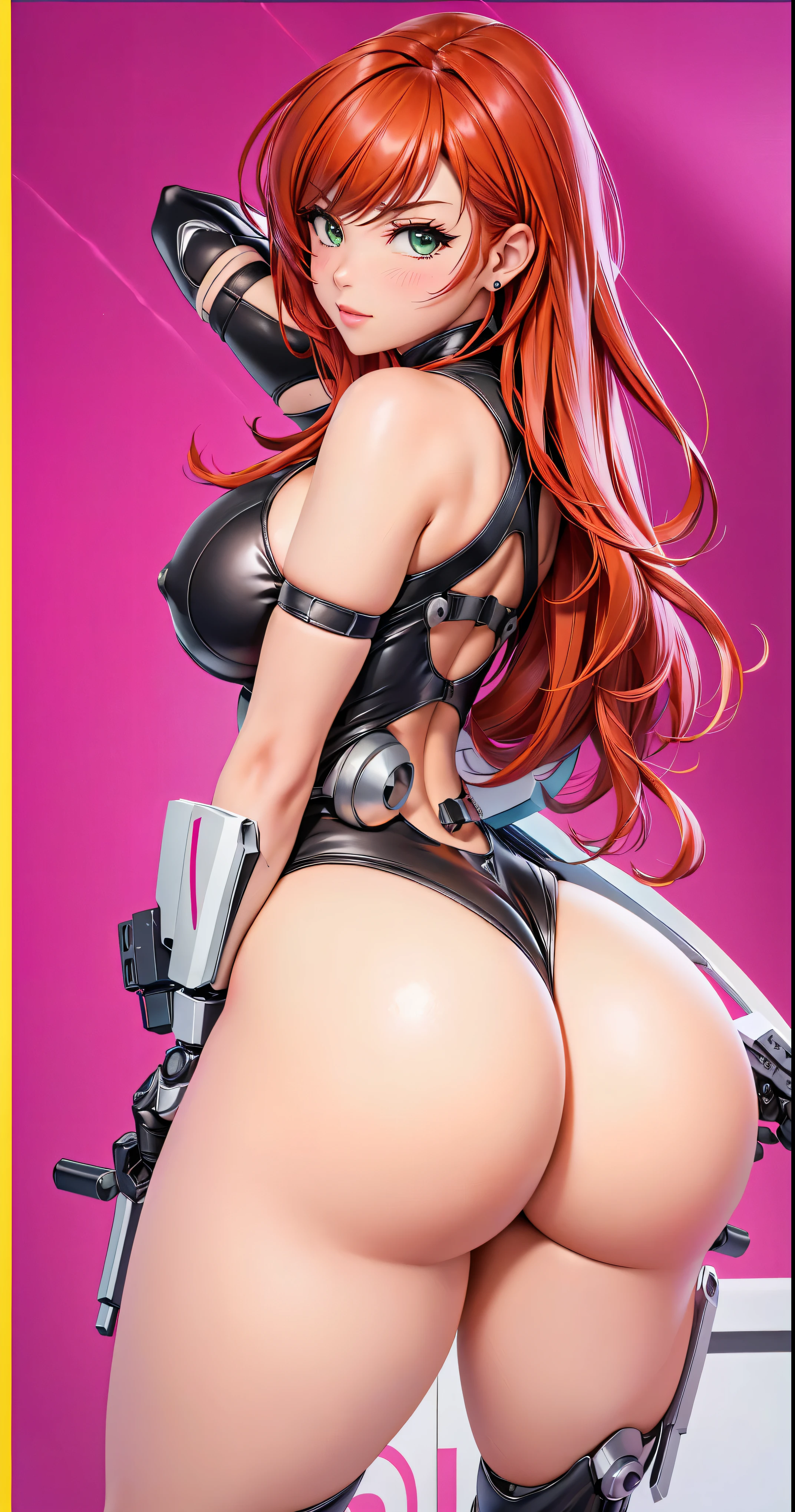 anime girl with a big ass in a black leather outfit, cutesexyrobutts, oppai cyberpunk, thicc, 2b, 2 b, oppai, anya from spy x family, biomechanical oppai, makoto, commission for high res, oc commission, tifa lockhart, oppai proportions, tifa, tracer in a skintight dress,leg up,red hair
