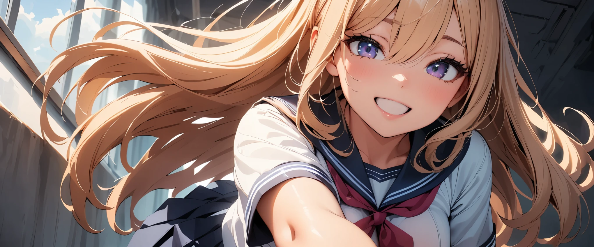 (ultra-detailed), (anime), (manga), (8k quality) a girl, high school girl, 15 years old, torn clothes, covered in sweat, covered in liquid, several men throwing water at the girl, several men throwing buckets of water at girl, urban environment