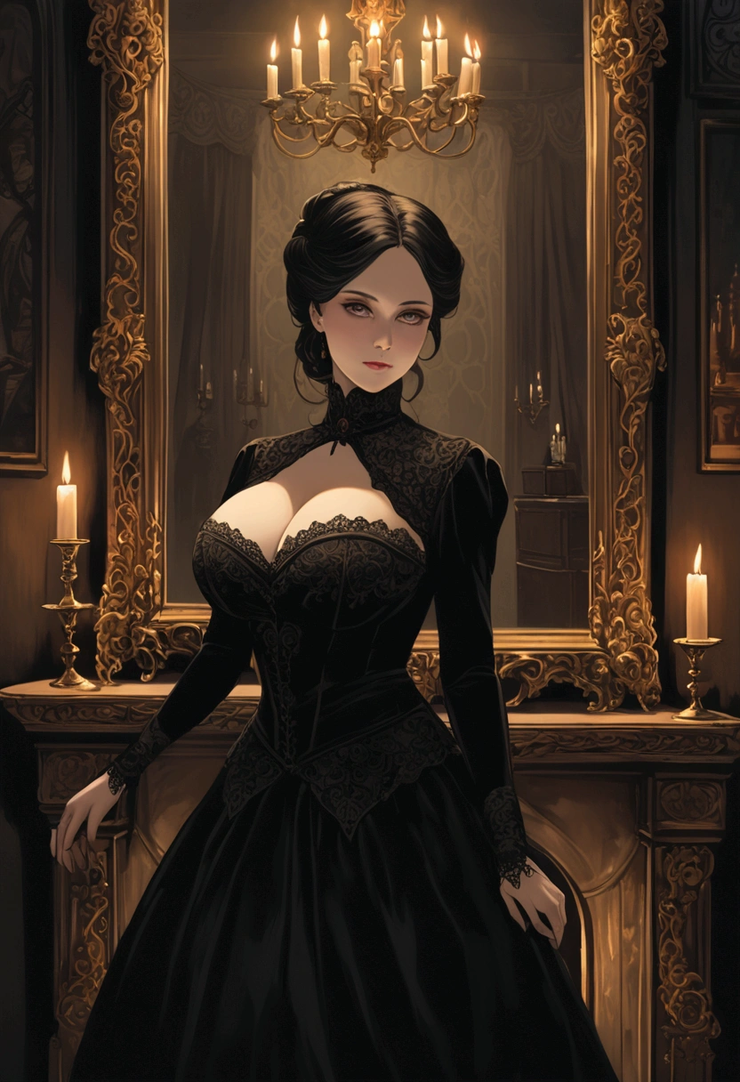 A dark and atmospheric oil painting featuring a stunning Victorian-era woman. She wears an elaborate, high-necked gown adorned with lace and intricate embroidery. Her expression is mysterious, with beautiful eyes that hint at hidden secrets. The setting is a dimly lit, gothic interior, with heavy velvet drapes, a grand fireplace, and an ornate, antique mirror reflecting the flickering light of a candelabrum. Shadows loom in the corners, and the air seems thick with an otherworldly presence, giving the scene an occult and eerie feel. ((Revelating Big boobs)), sexy, detailed face