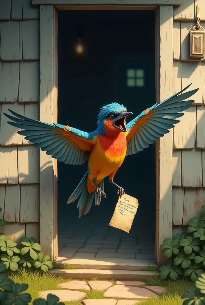 A bird flew out of a house carrying a writing in its beak.