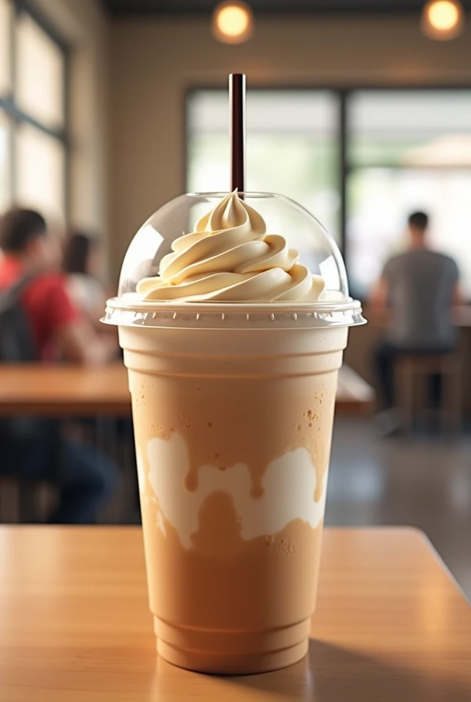 a frappe served in a 16oz plastic to-go cup with room for my logo (a little more cream and its domed lid on top)
 a straw on top with a cafeteria background


