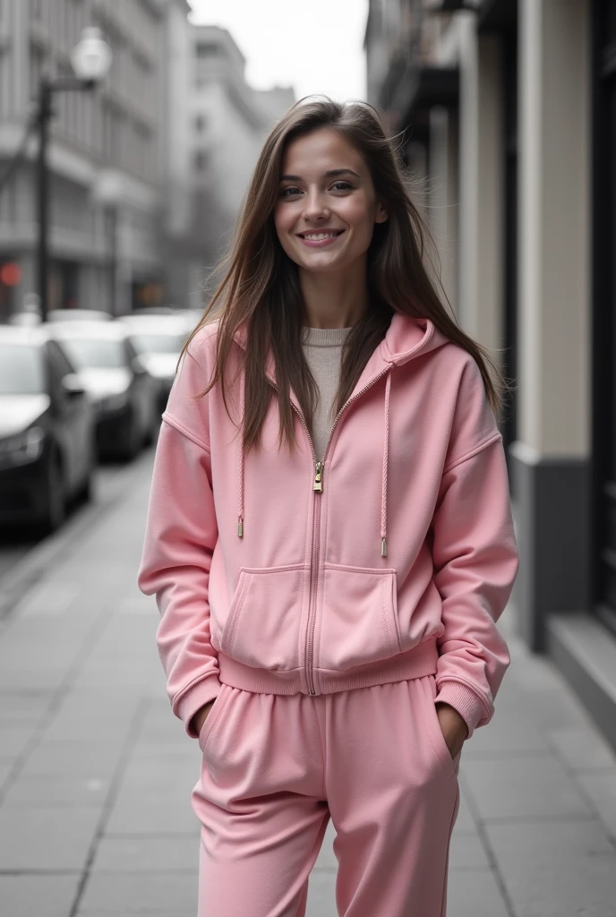 image noir et blanc,Femme naturelle de corpulence moyenne,et souriante dans la rue, en jogging rose, avec une capuche sur la tete et les cheveux long. Belle poitrine moyenne visible parce que la veste jogging est à moitié ouverte. Jolie fessier. Analog style