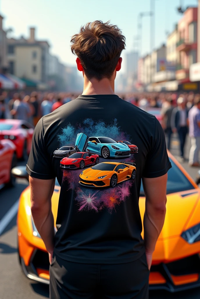 (Photorealism:1.2), young and strong man, standing backwards, black jersey, with a print of cars at a sports car fair 