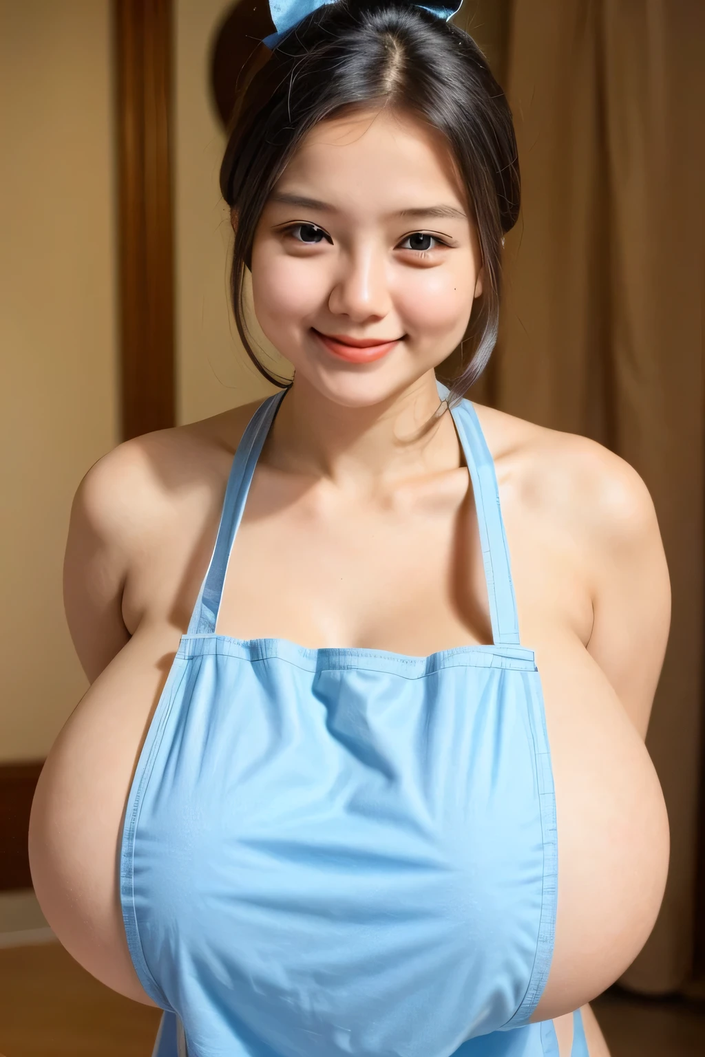 adorable, 1 girl, (face to face), , baby face, happy, medium portrait, (face details: 1), (eye details:1), ((naked big breasts)). wearing ((mini apron)), Cute posed. proportional body. Ultra High Res. realistic: 1.4, UHD, poke a bun Hairstyle , ((GIGANTIC:1.55))