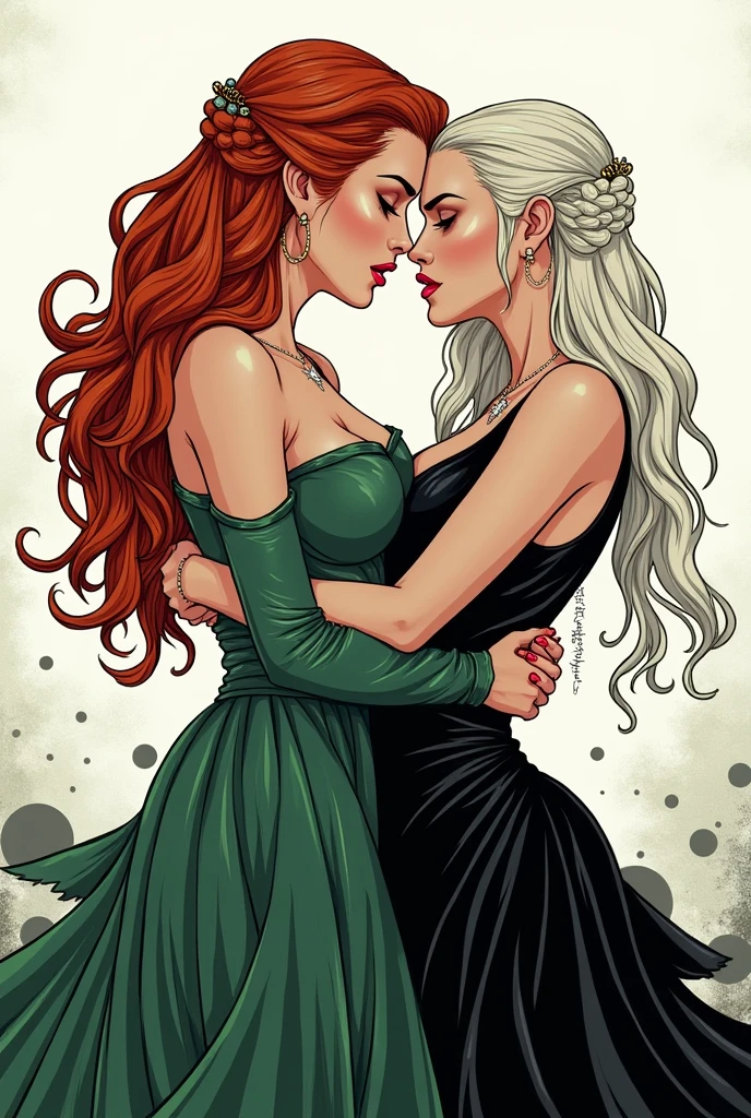 Make a drawing of alicent hightower and Rhaenyra Targaryen. Alicent is a redhead while Rhaenyra has white blonde hair. Alicent has green sexy royal long dress while Rhaenyra has long black dress. They are making out hot erotic. The drawing is almost like a comic. Open mouth, sexual tension.